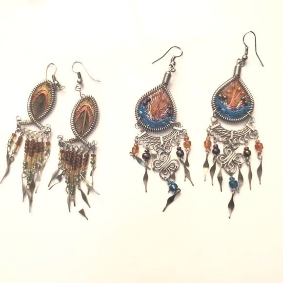 Two pairs of Handcrafted Metallic Thread Bead Dangle Earrings - Picture 3 of 14